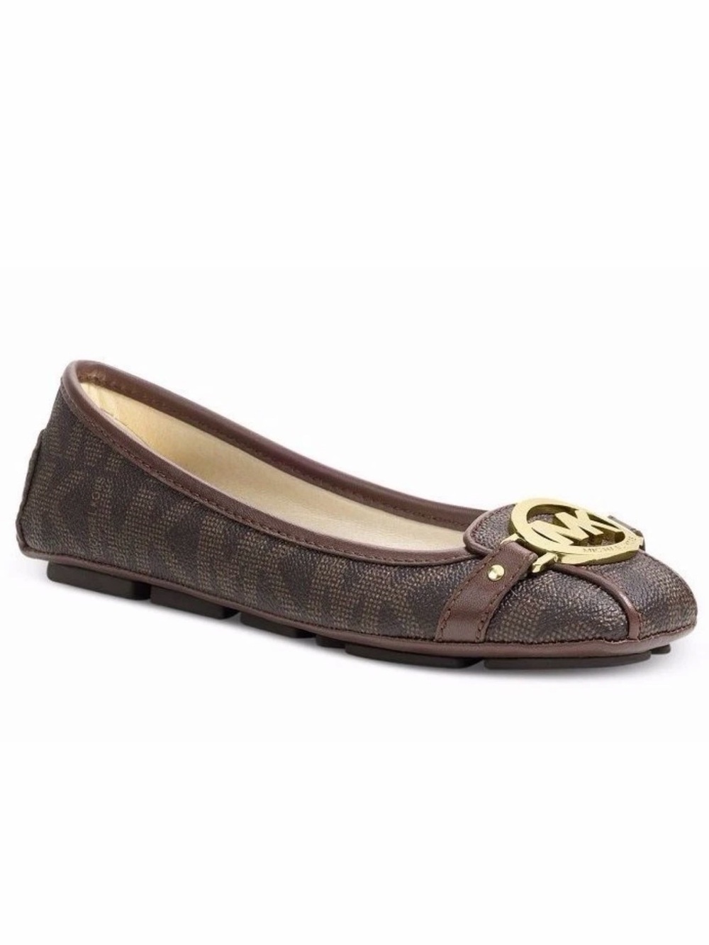 Michael‎ Kors Brown Logo-Print Ballet Flat with Gold MK Emblem